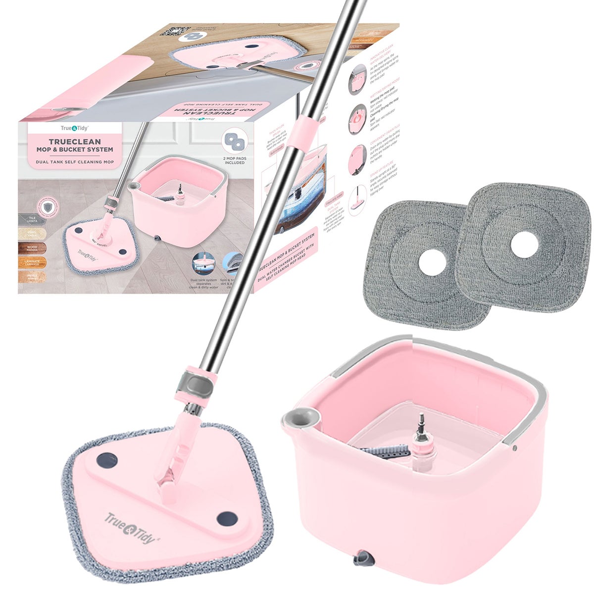 True & Tidy Clean Spin Mop & Bucket System Pink